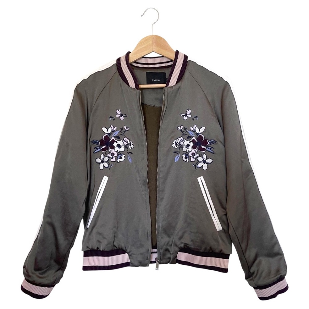 Aritzia * Talula Embroidery Satin Quilted Interior Bomber Jacket. Color: Oliver